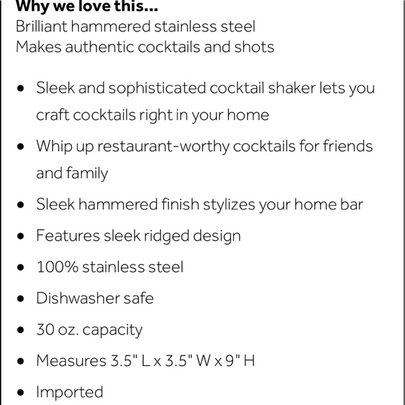 Hammered Stainless Steel Cocktail Shaker NWT - Picture 5 of 5